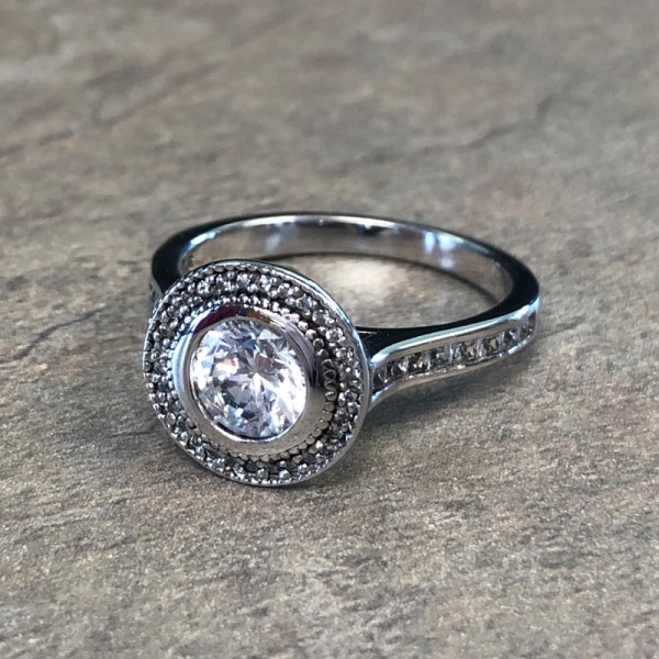 14K White Gold Round Bezel Halo Engagement Ring